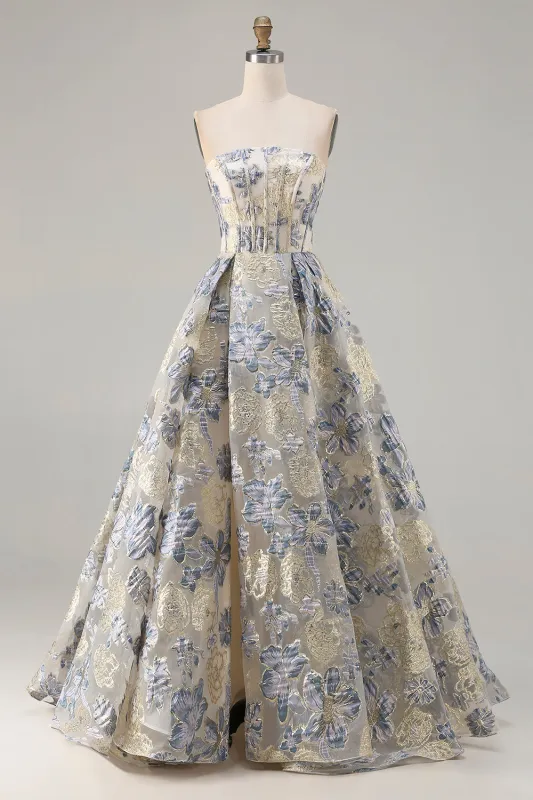 Dusty Blue Floral Strapless Corset A Line Long Prom Dress with Slit sold by Zapaka
