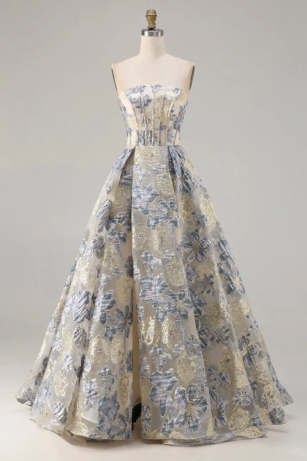 Dusty Blue Floral Strapless Corset A Line Long Prom Dress with Slit sold by Zapaka