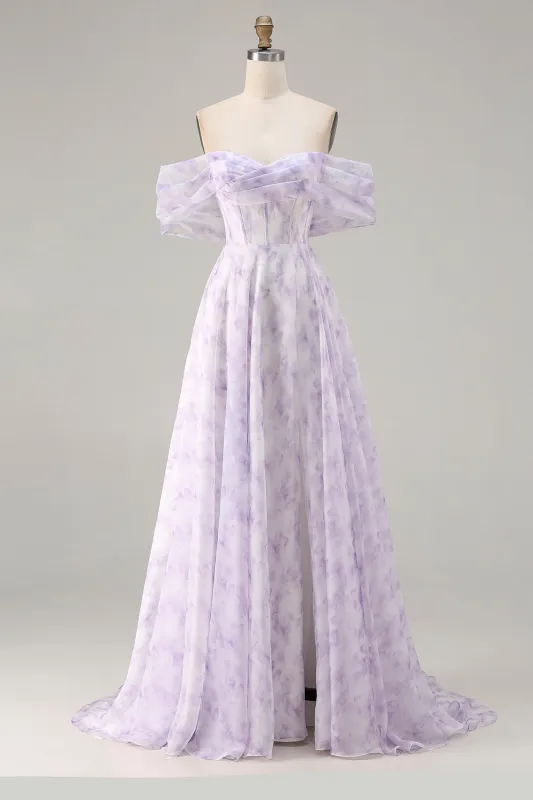 Off the Shoulder Lilac A Line Corset Print Floral Long Prom Dress with Slit sold by Zapaka