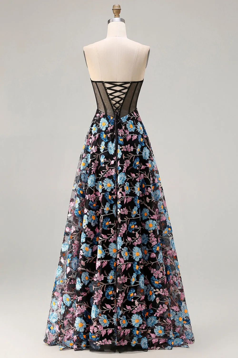 Strapless Black A Line Sheer Corset Print Floral Long Prom Dress with Slit sold by Zapaka product image thumbnail 2