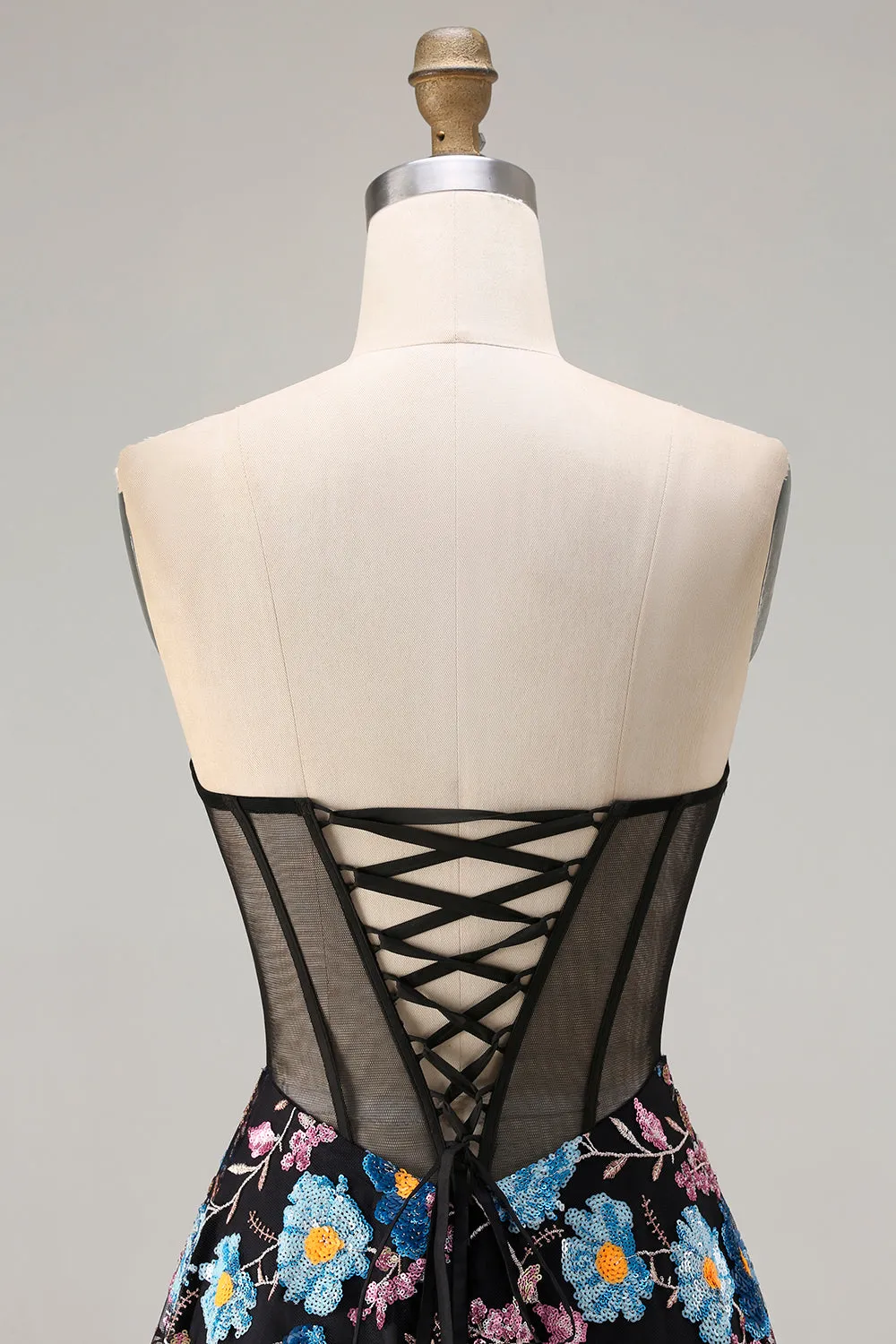 Strapless Black A Line Sheer Corset Print Floral Long Prom Dress with Slit sold by Zapaka product image thumbnail 5