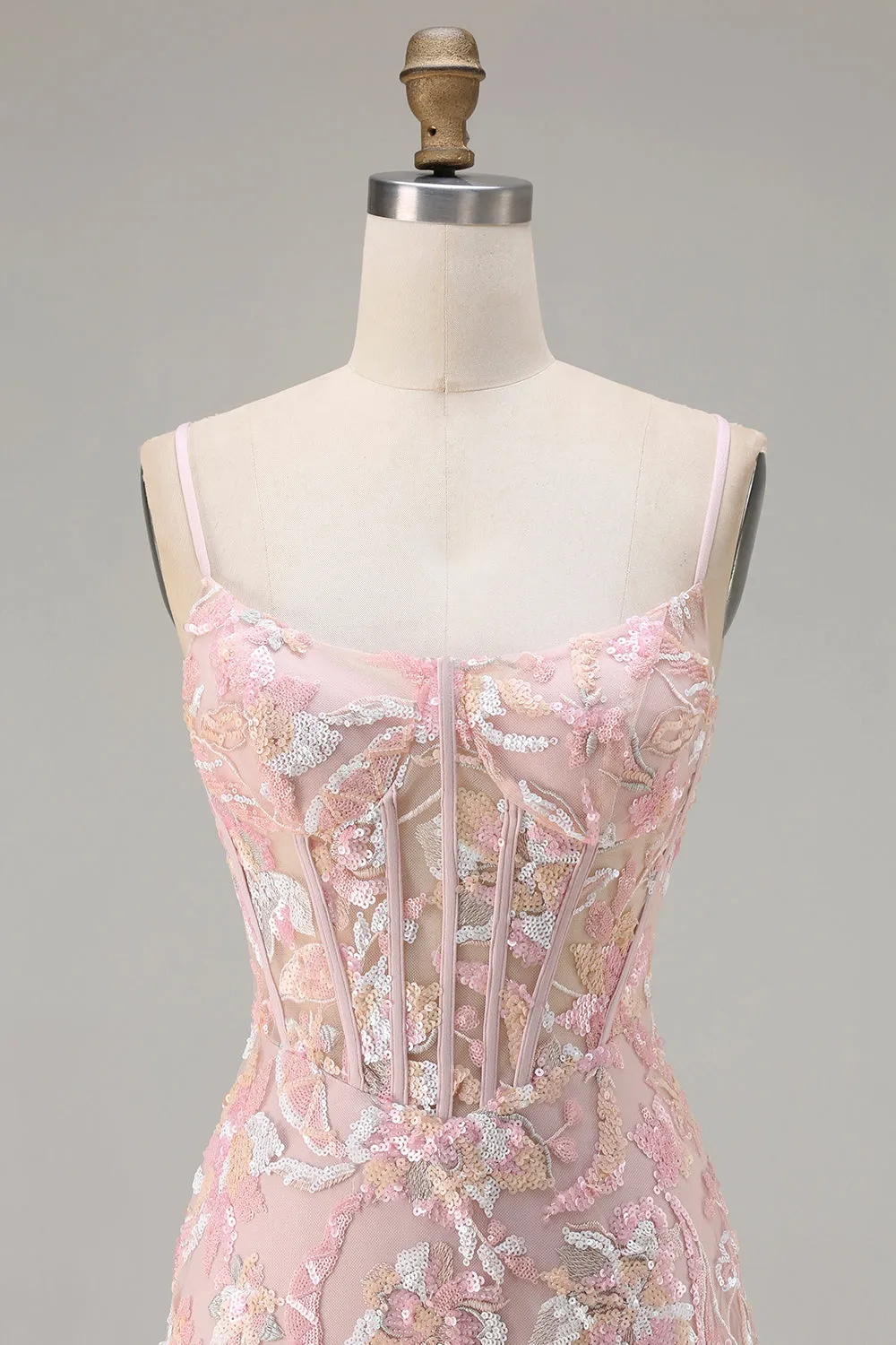 Blush Pink Sheath Sequin Corset Spaghetti Straps Long Prom Dress sold by Zapaka product image thumbnail 4