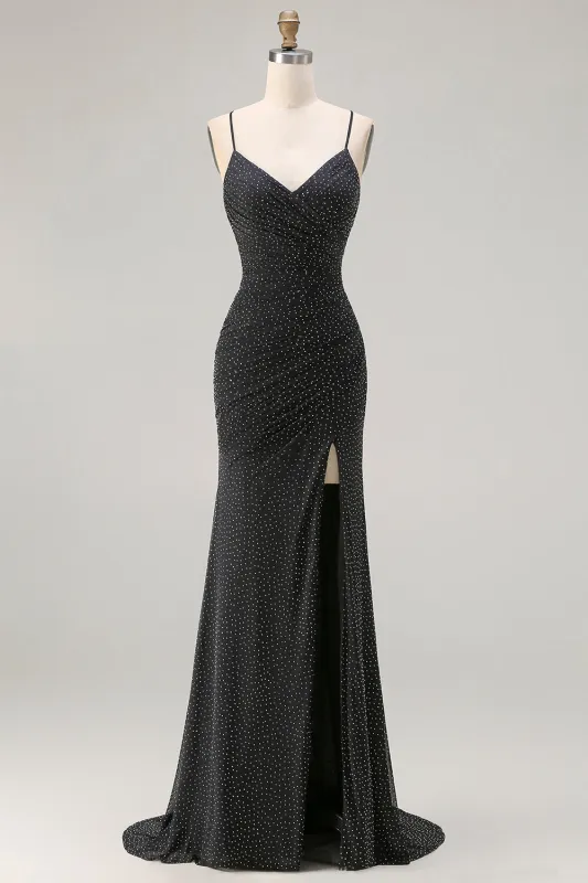 Sparkly Black Mermaid Spaghetti Straps Long Prom Dress with Slit sold by Zapaka