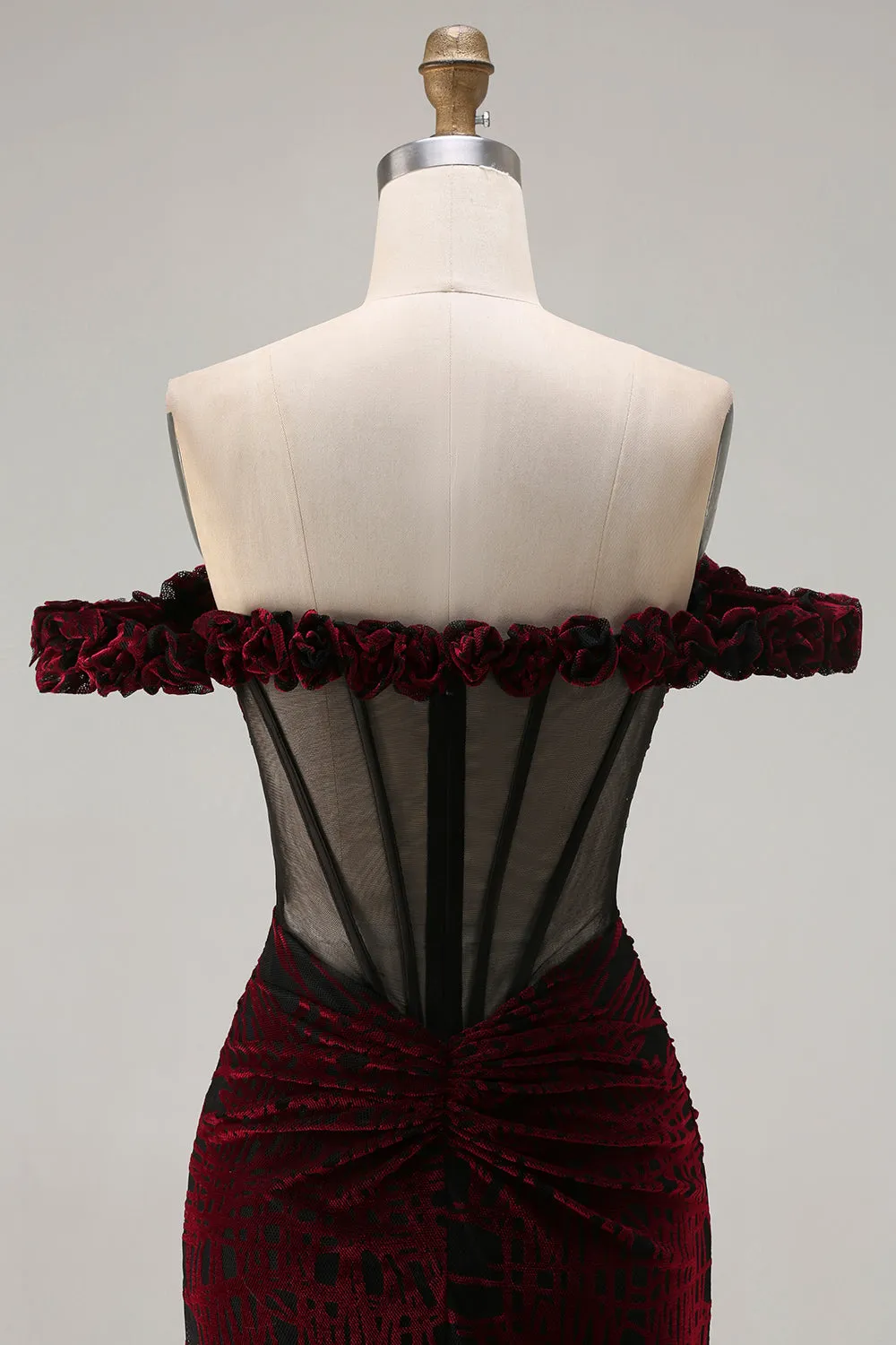 Black Red Mermaid Off the Shoulder Corset Ruched Long Prom Dress with Slit sold by Zapaka product image thumbnail 5