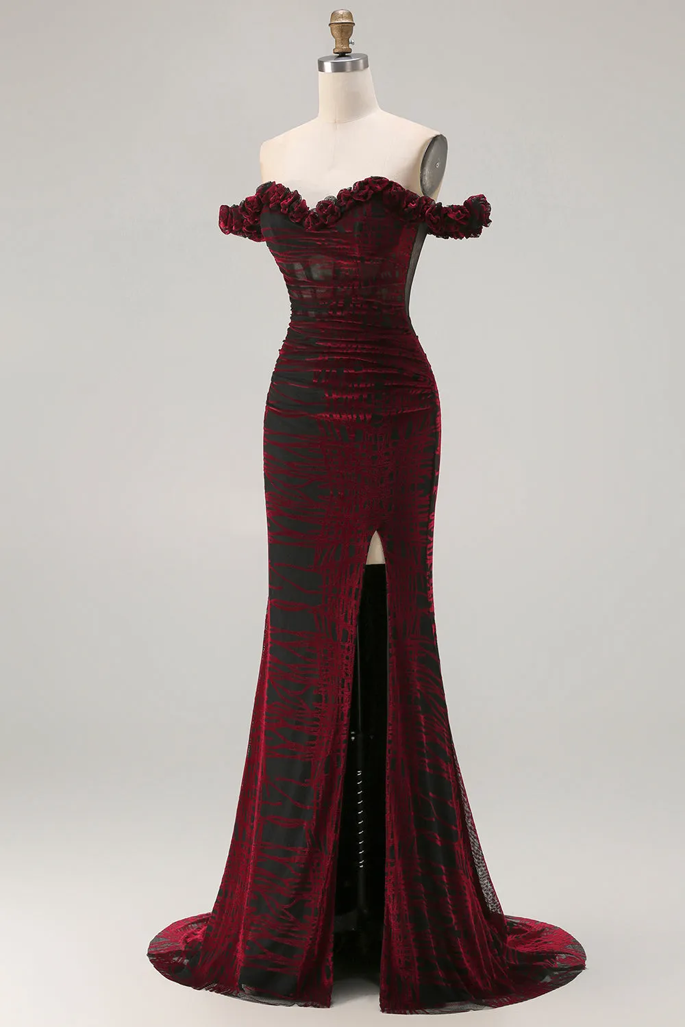 Black Red Mermaid Off the Shoulder Corset Ruched Long Prom Dress with Slit sold by Zapaka product image thumbnail 3