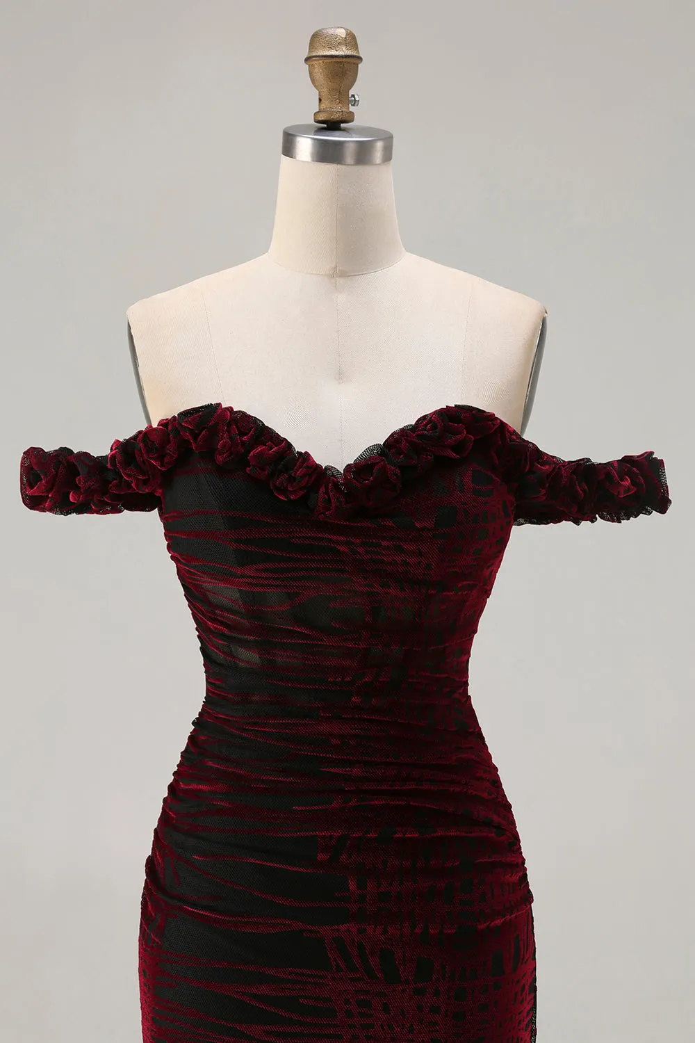 Black Red Mermaid Off the Shoulder Corset Ruched Long Prom Dress with Slit sold by Zapaka product image thumbnail 4