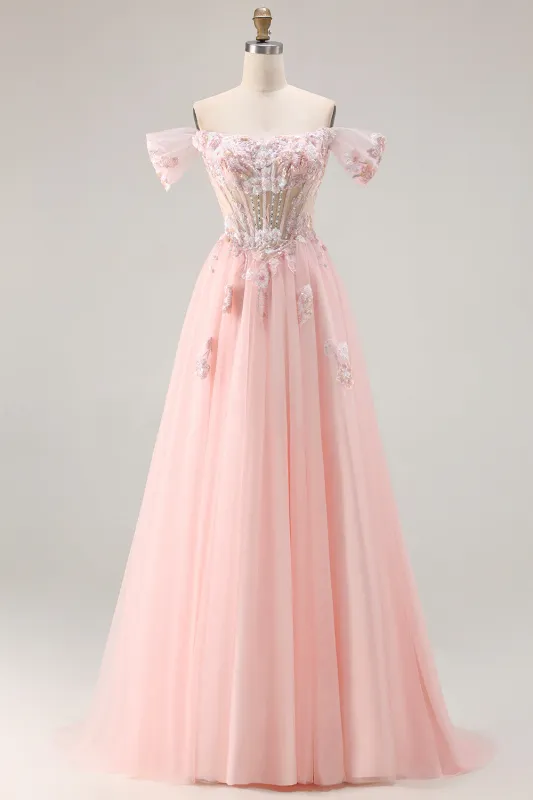 Pink A Line Off the Shoulder Beaded Sheer Corset Long Prom Dress with Sequins sold by Zapaka