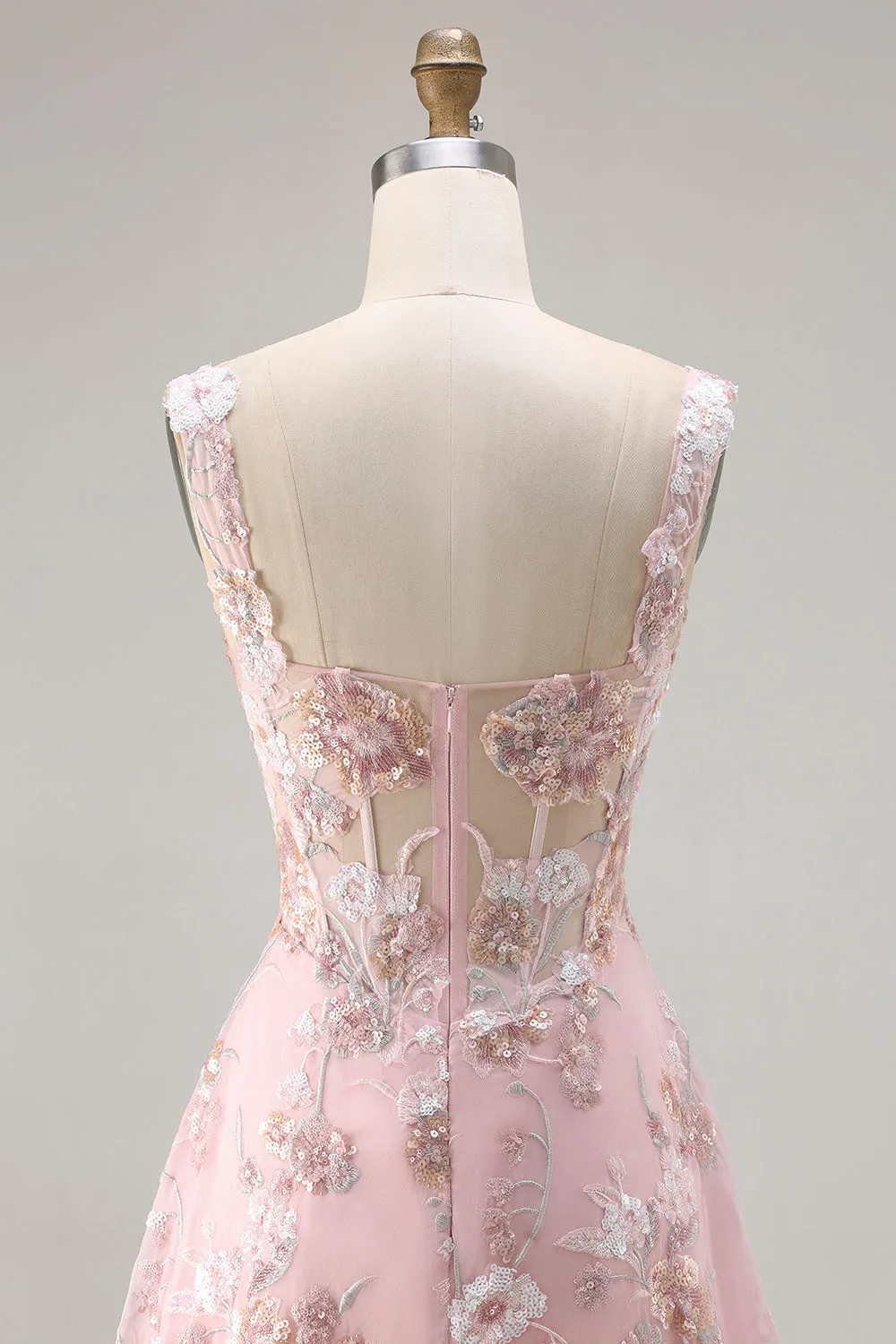 Pink Corset Sequin A Line Floral Long Prom Dress with Embroidery sold by Zapaka product image thumbnail 5