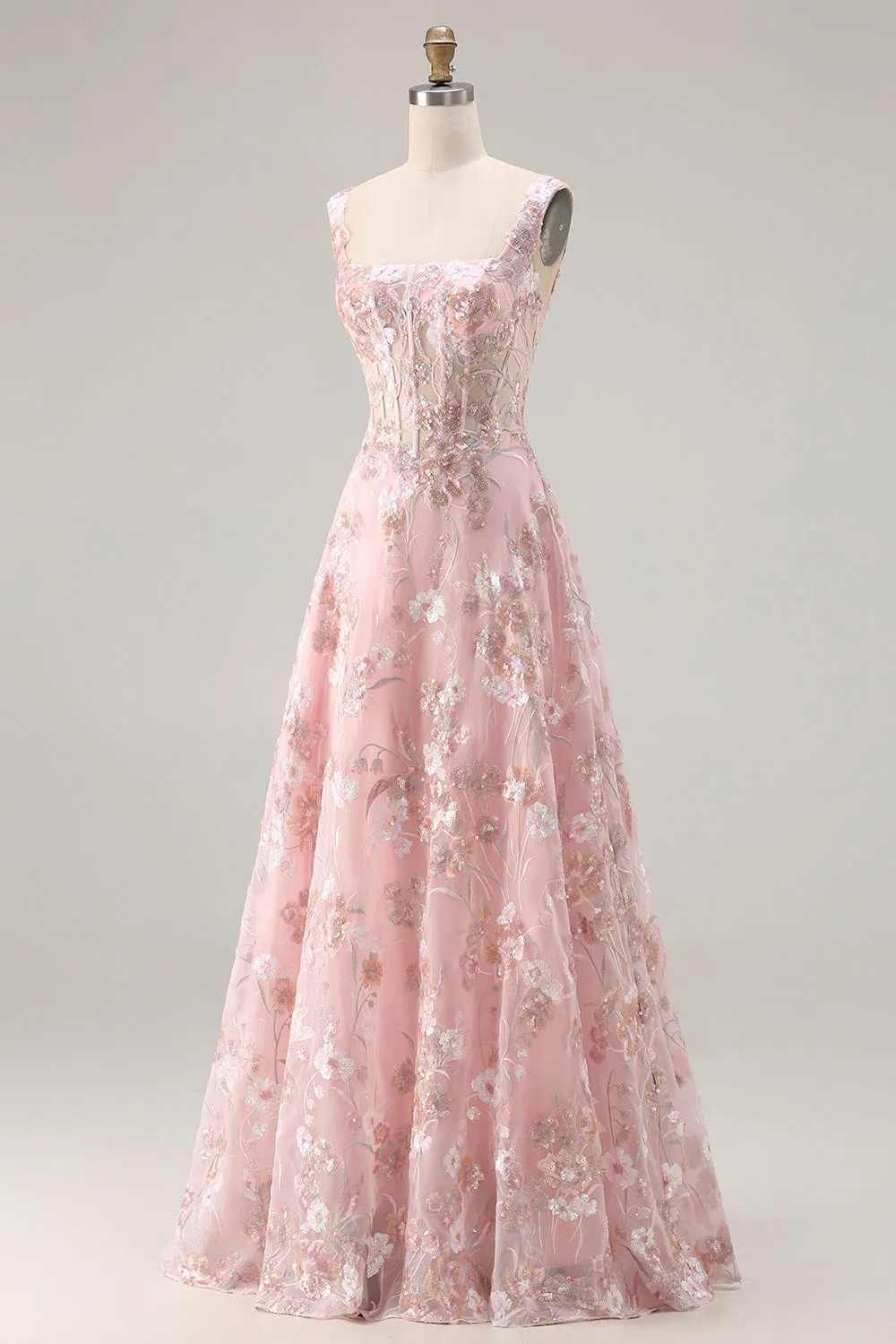 Pink Corset Sequin A Line Floral Long Prom Dress with Embroidery sold by Zapaka product image thumbnail 3