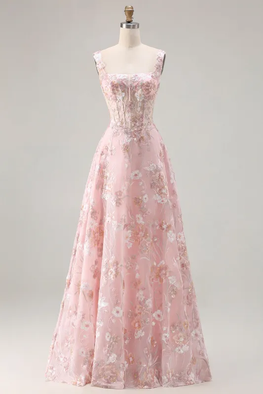 Pink Corset Sequin A Line Floral Long Prom Dress with Embroidery sold by Zapaka