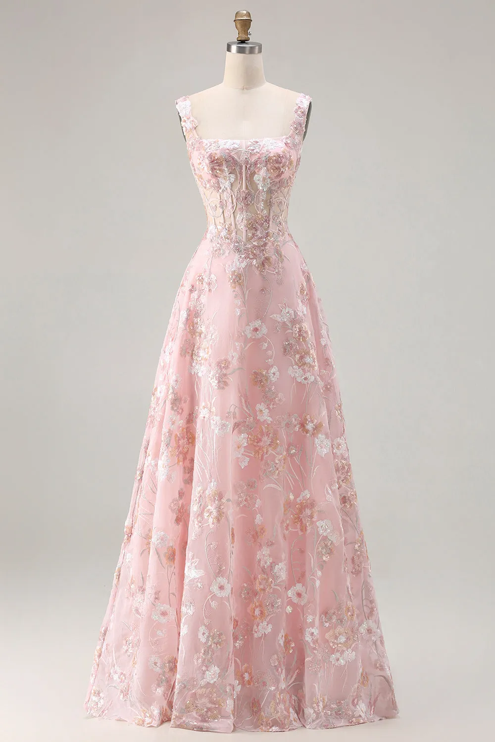 Pink Corset Sequin A Line Floral Long Prom Dress with Embroidery sold by Zapaka