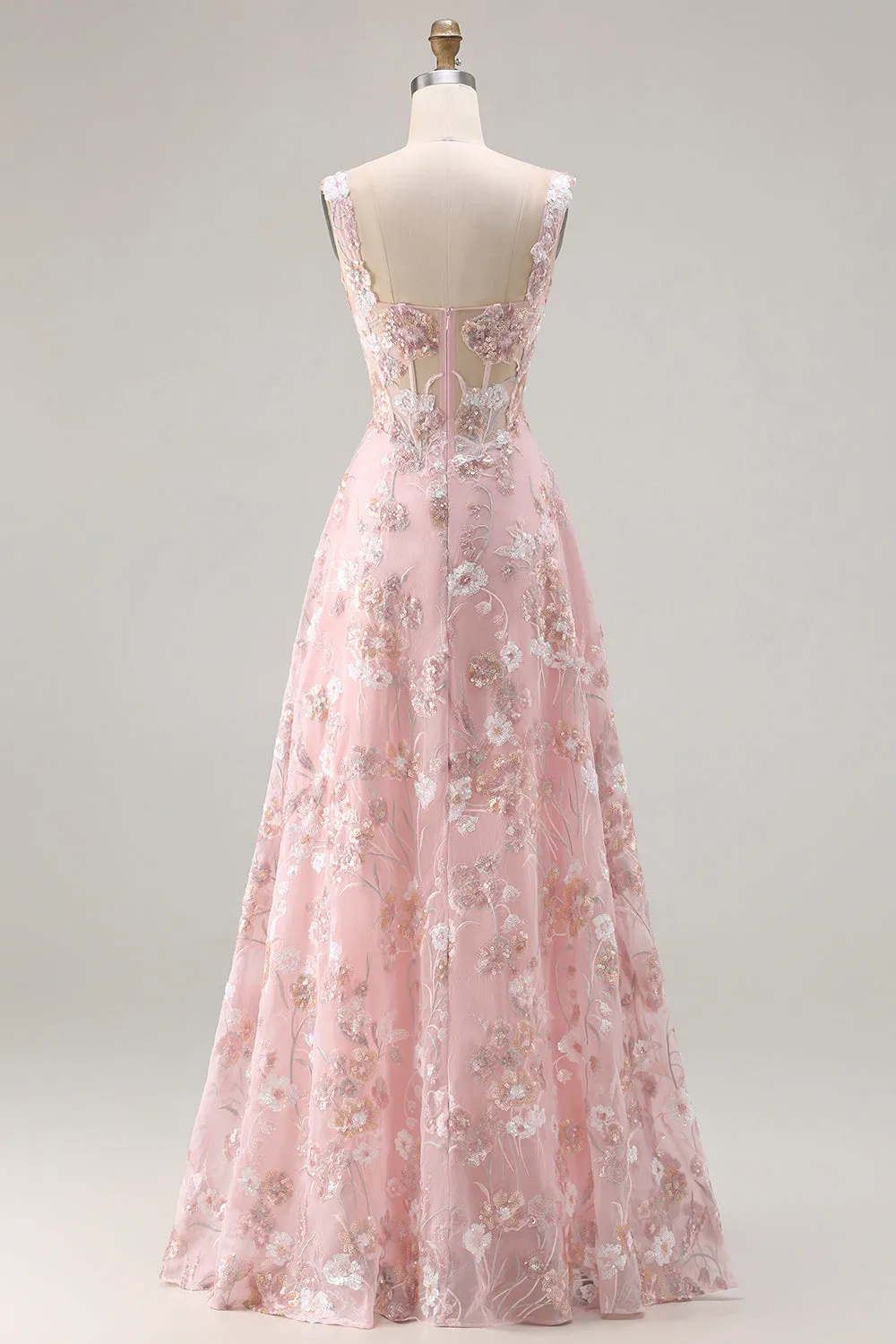 Pink Corset Sequin A Line Floral Long Prom Dress with Embroidery sold by Zapaka product image thumbnail 2