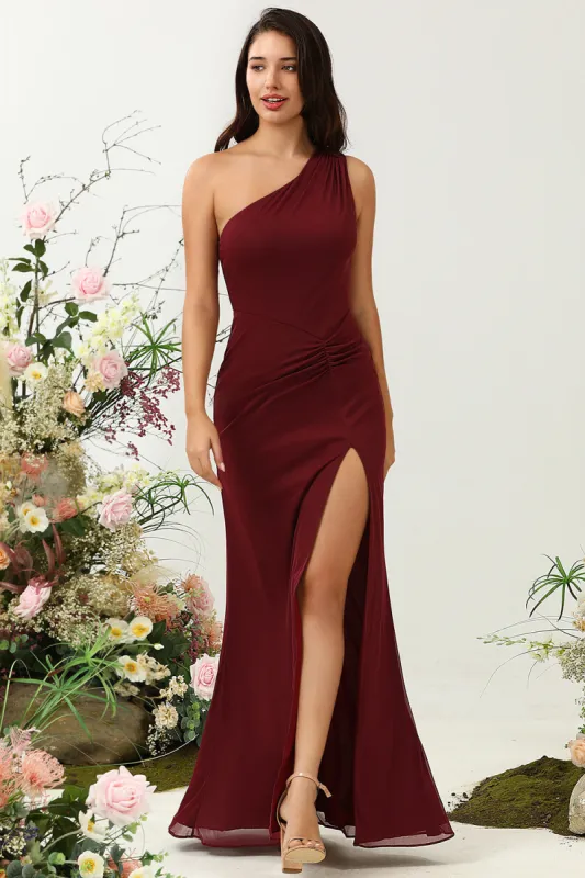 One Shoulder Desert Rose Long Bridesmaid Dress with Slit sold by Zapaka