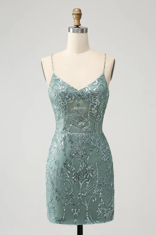 Green Bodycon Beaded Short Homecoming Dress with Criss Cross Back made by Zapaka