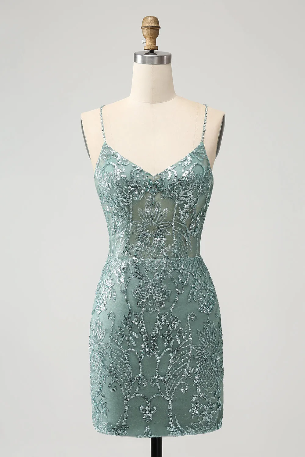 Green Bodycon Beaded Short Homecoming Dress with Criss Cross Back sold by Zapaka