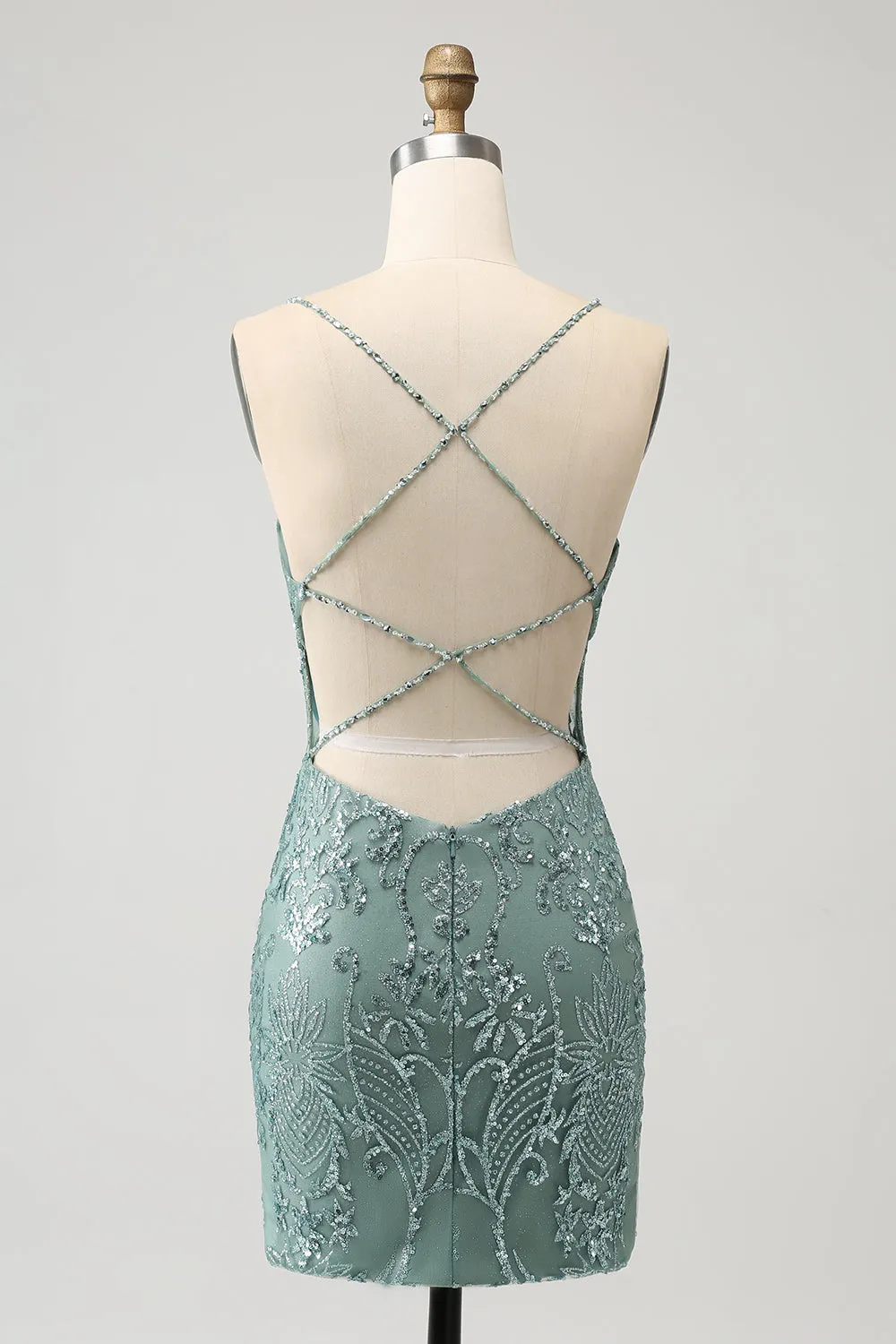 Green Bodycon Beaded Short Homecoming Dress with Criss Cross Back sold by Zapaka product image thumbnail 2