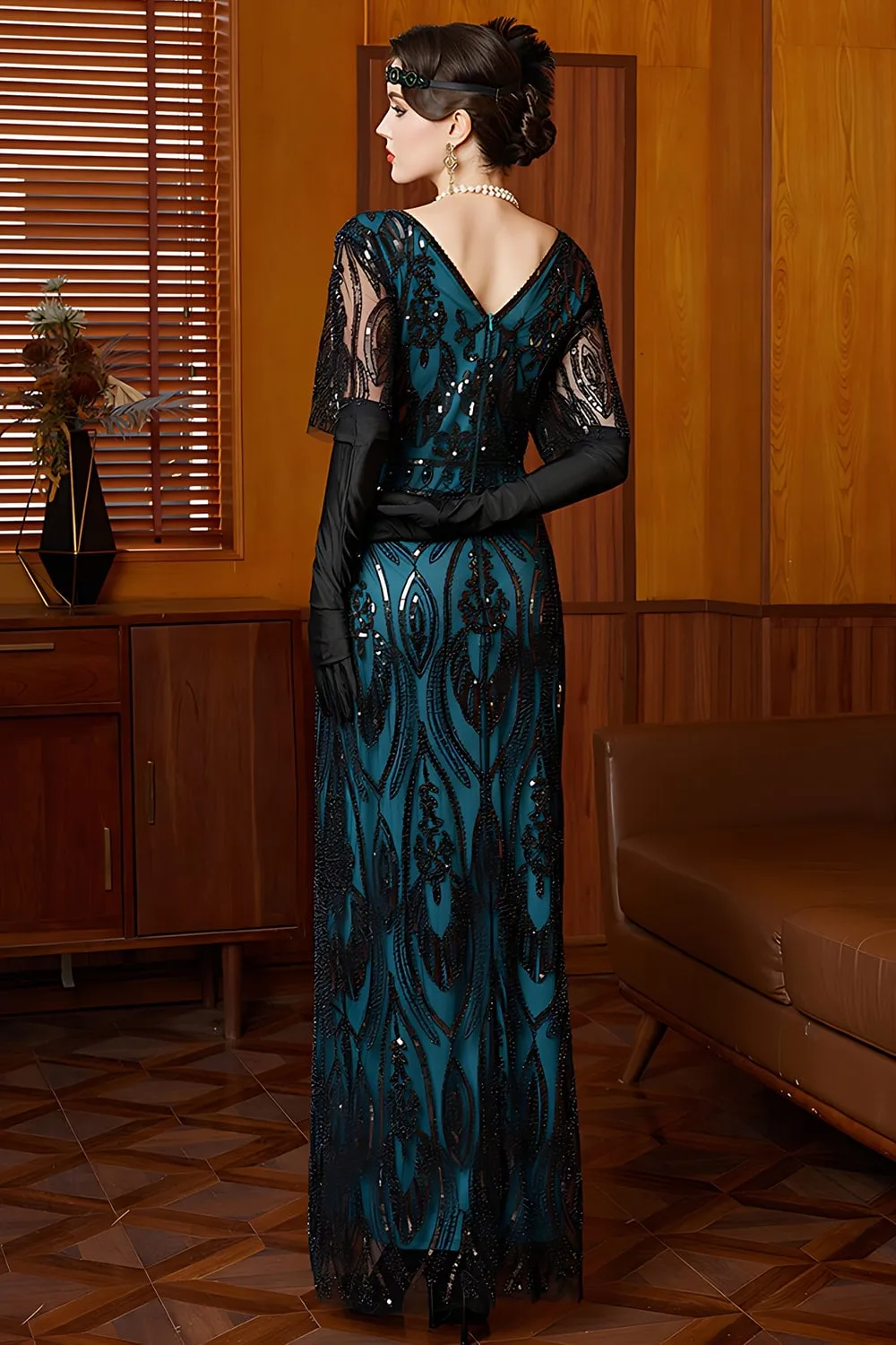 Black Blue Sheath Sequin V-Neck Long 1920s Dress sold by Zapaka product image thumbnail 2