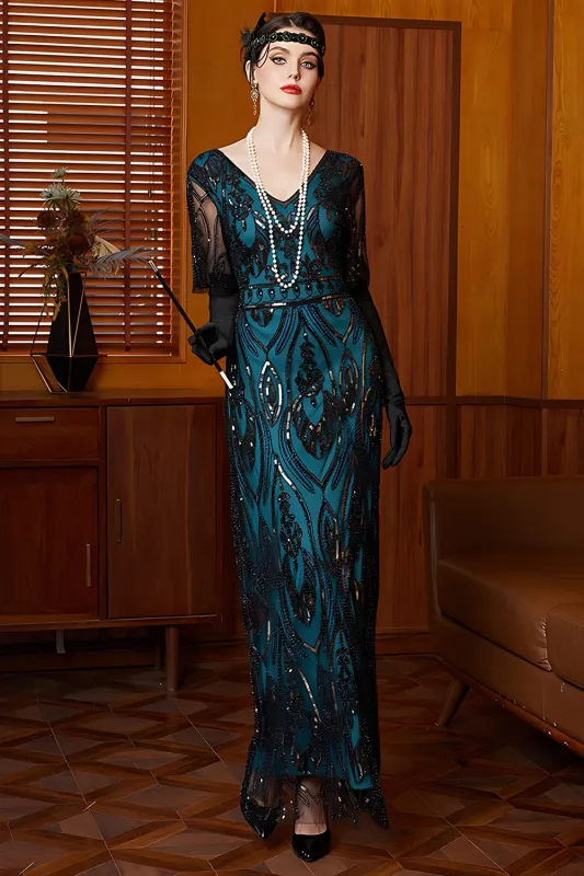 Black Blue Sheath Sequin V-Neck Long 1920s Dress sold by Zapaka