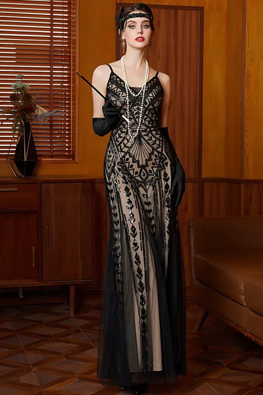 Sparkly Black Apricot Sheath Spaghetti Straps Long 1920s Dress with Sequins sold by Zapaka
