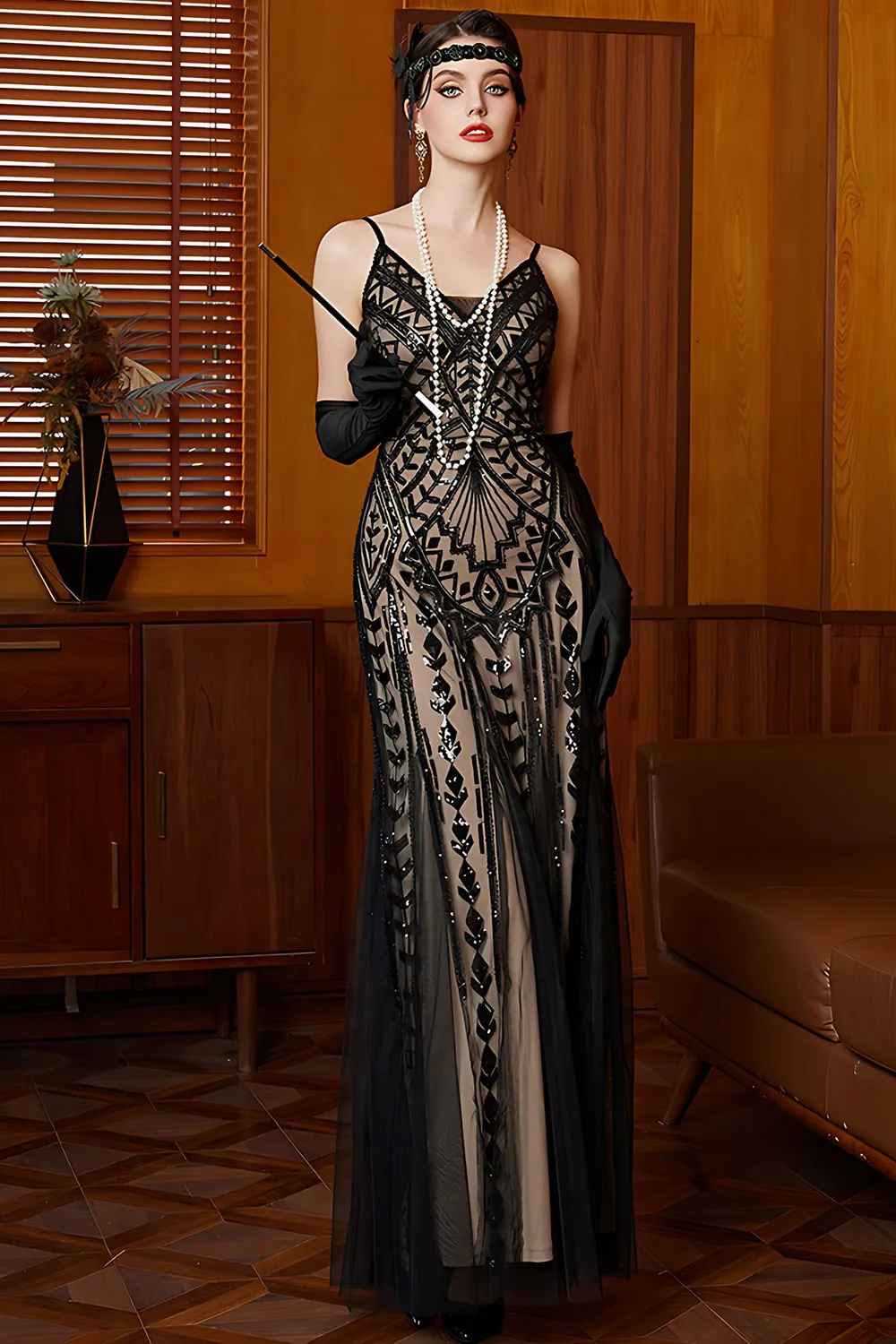 Sparkly Black Apricot Sheath Spaghetti Straps Long 1920s Dress with Sequins sold by Zapaka