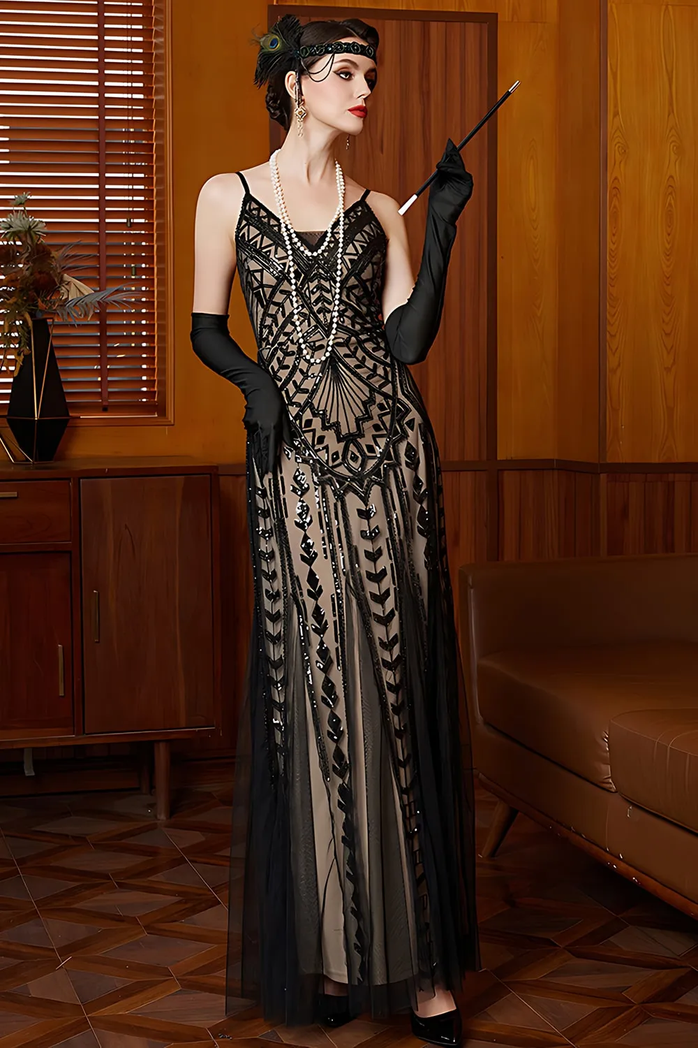 Sparkly Black Apricot Sheath Spaghetti Straps Long 1920s Dress with Sequins sold by Zapaka product image thumbnail 5