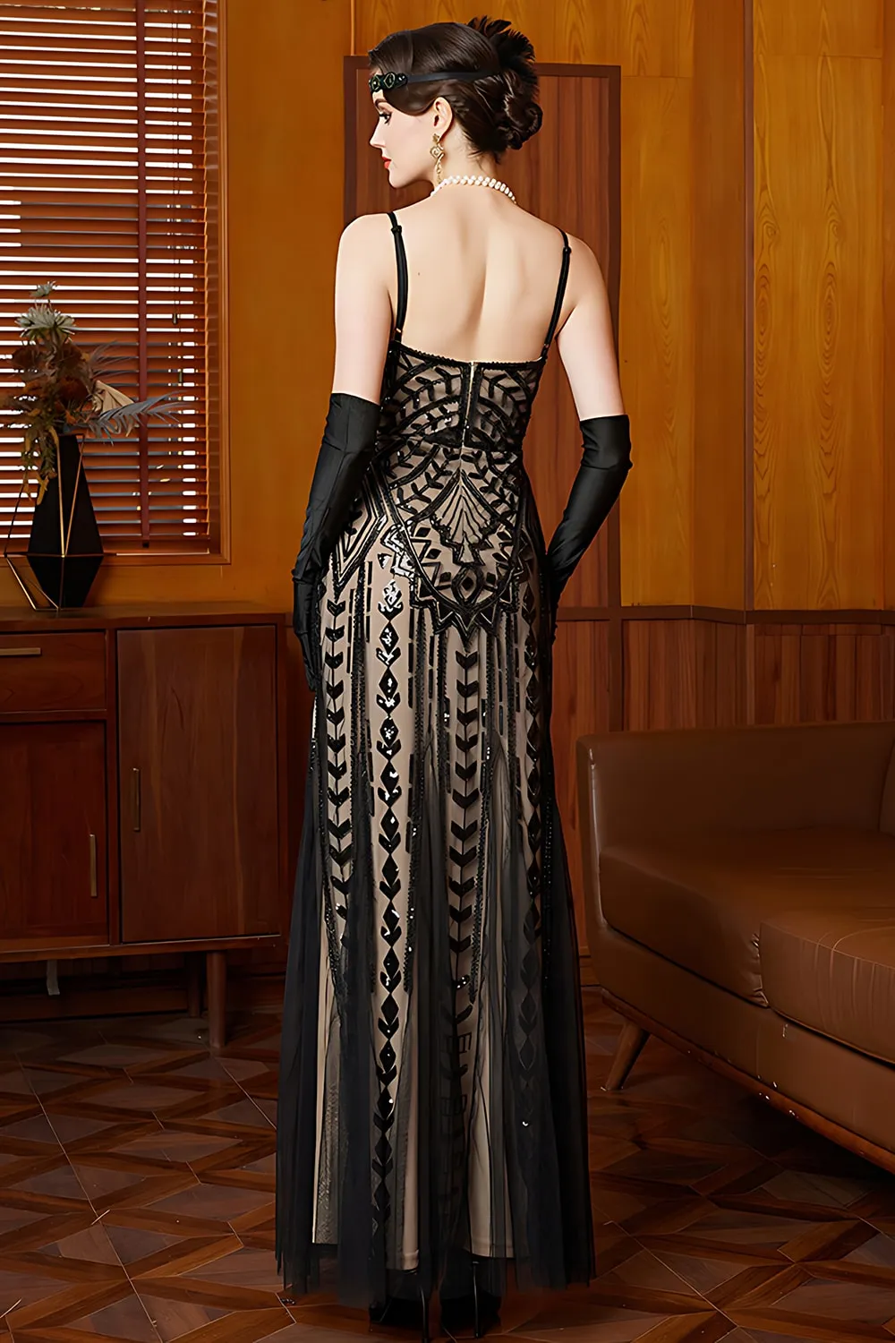 Sparkly Black Apricot Sheath Spaghetti Straps Long 1920s Dress with Sequins sold by Zapaka product image thumbnail 2