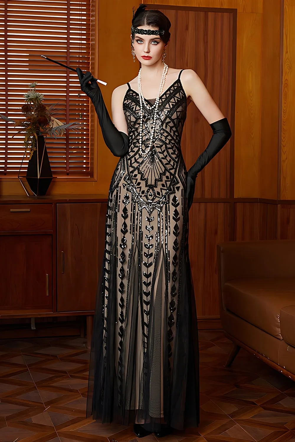 Sparkly Black Apricot Sheath Spaghetti Straps Long 1920s Dress with Sequins sold by Zapaka product image thumbnail 3