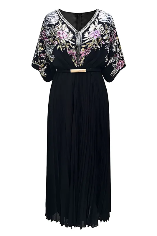 Black Sheath Sequins Pleated V-Neck 1920s Dress with Belt sold by Zapaka