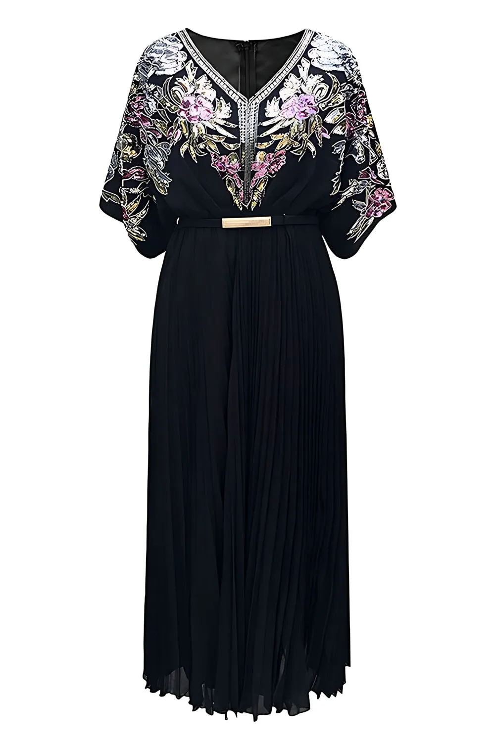 Black Sheath Sequins Pleated V-Neck 1920s Dress with Belt sold by Zapaka