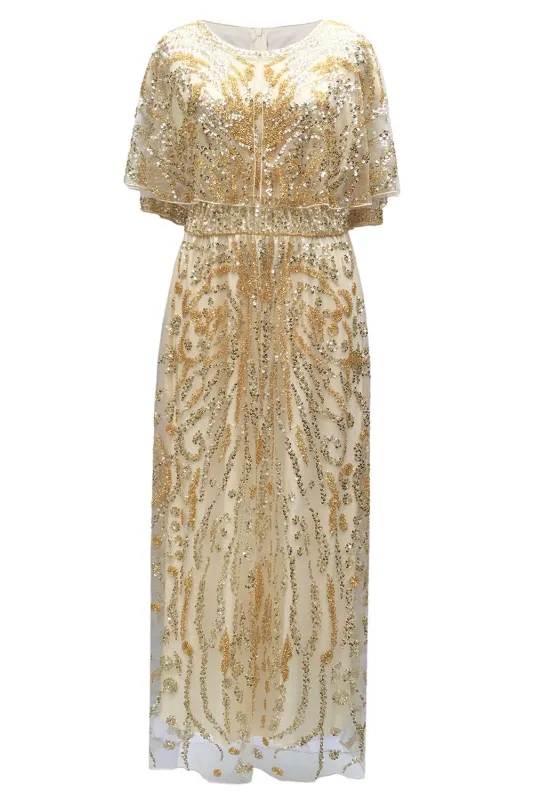 Sparkly Apricot Beaded Sheath Boat Neck 1920s Dress with Sequins sold by Zapaka