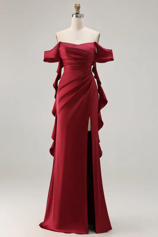 Burgundy Off The Shoulder Mermaid Satin Long Bridesmaid Dress with Slit sold by Zapaka