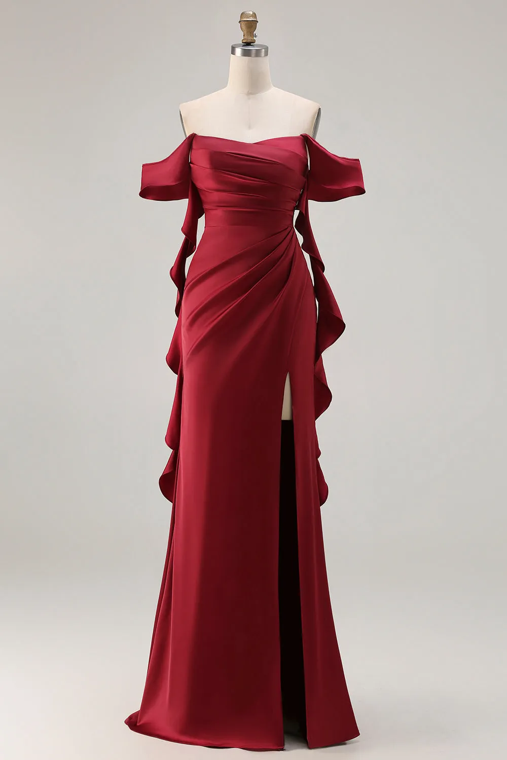 Burgundy Off The Shoulder Mermaid Satin Long Bridesmaid Dress with Slit sold by Zapaka