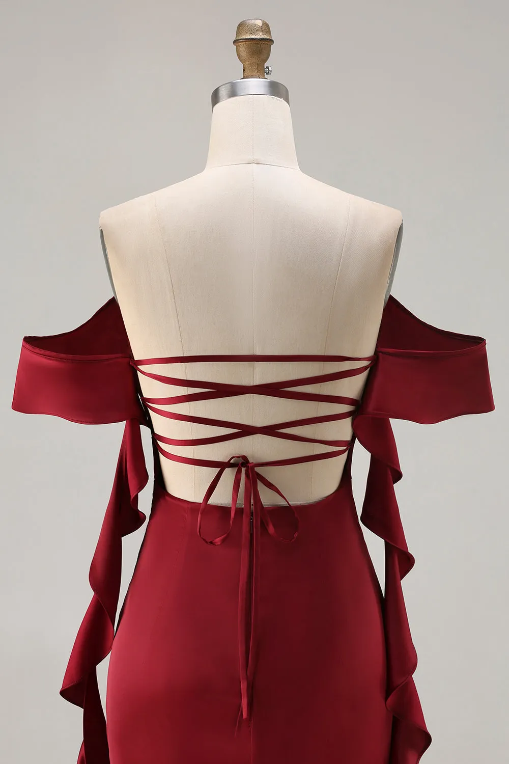 Burgundy Off The Shoulder Mermaid Satin Long Bridesmaid Dress with Slit sold by Zapaka product image thumbnail 5