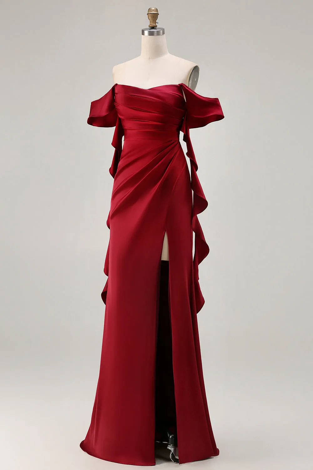 Burgundy Off The Shoulder Mermaid Satin Long Bridesmaid Dress with Slit sold by Zapaka product image thumbnail 3