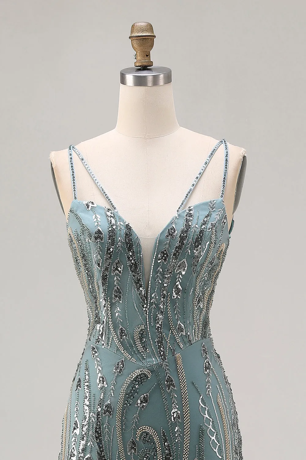 Sparkly Grey Green Mermaid Beaded Sequin Long Prom Dress sold by Zapaka product image thumbnail 4