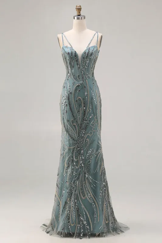 Sparkly Grey Green Mermaid Beaded Sequin Long Prom Dress made by Zapaka
