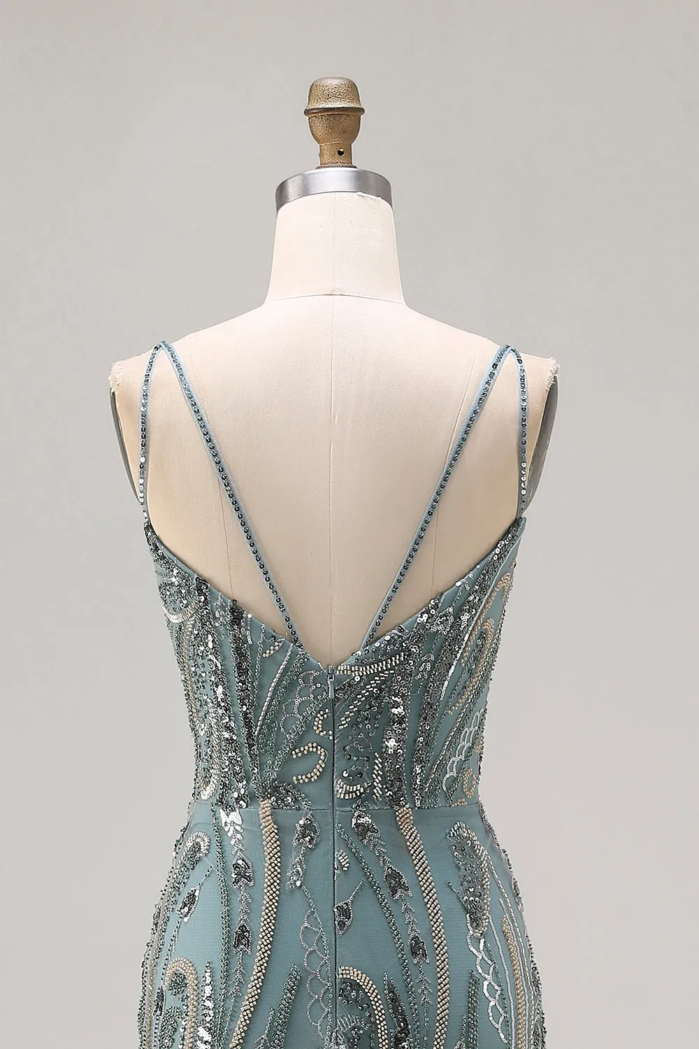 Sparkly Grey Green Mermaid Beaded Sequin Long Prom Dress sold by Zapaka product image thumbnail 5
