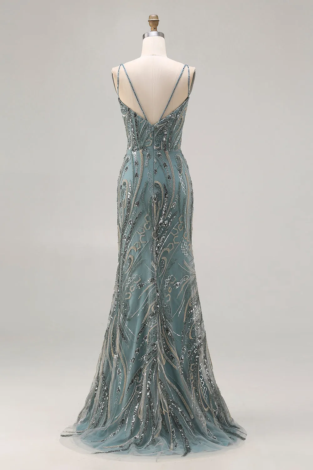Sparkly Grey Green Mermaid Beaded Sequin Long Prom Dress sold by Zapaka product image thumbnail 2