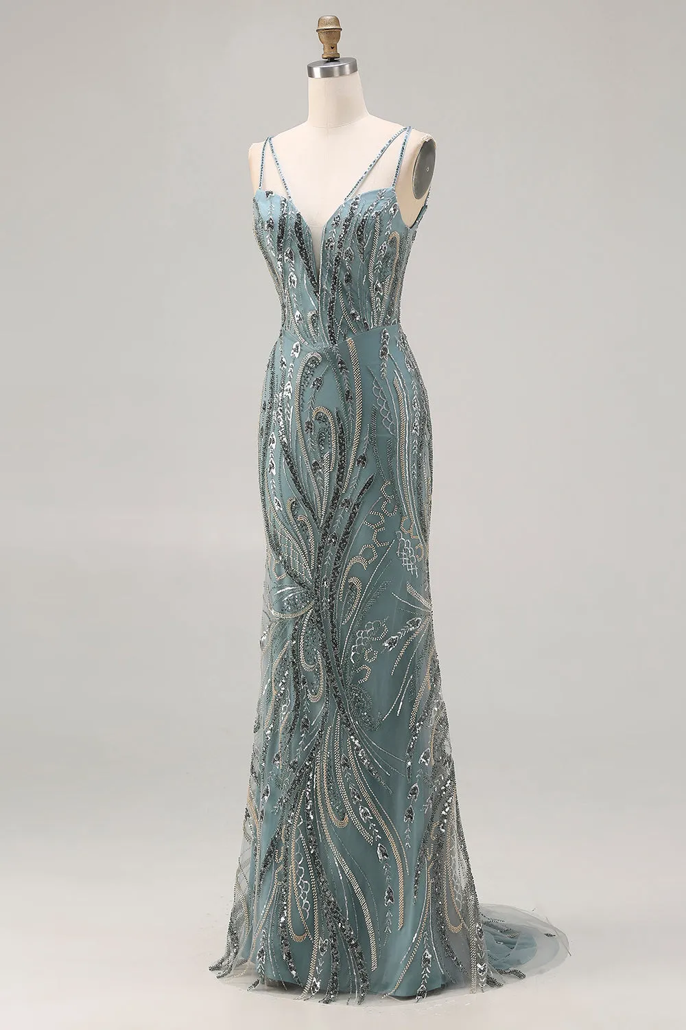 Sparkly Grey Green Mermaid Beaded Sequin Long Prom Dress sold by Zapaka product image thumbnail 3