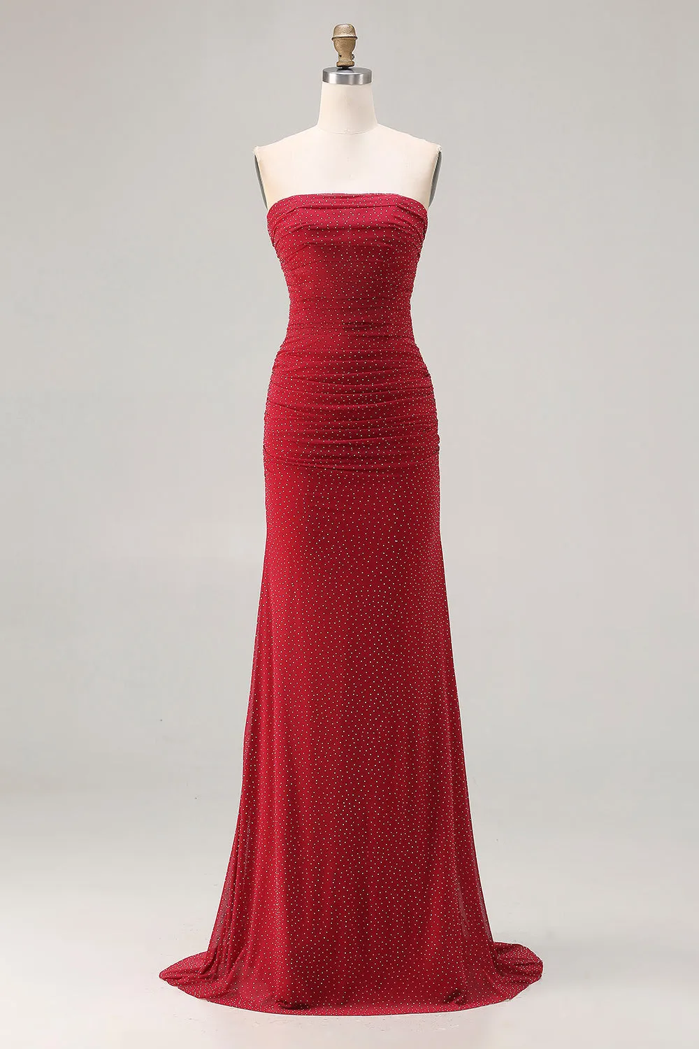 Strapless Red Mermaid Beaded Satin Long Prom Dress sold by Zapaka