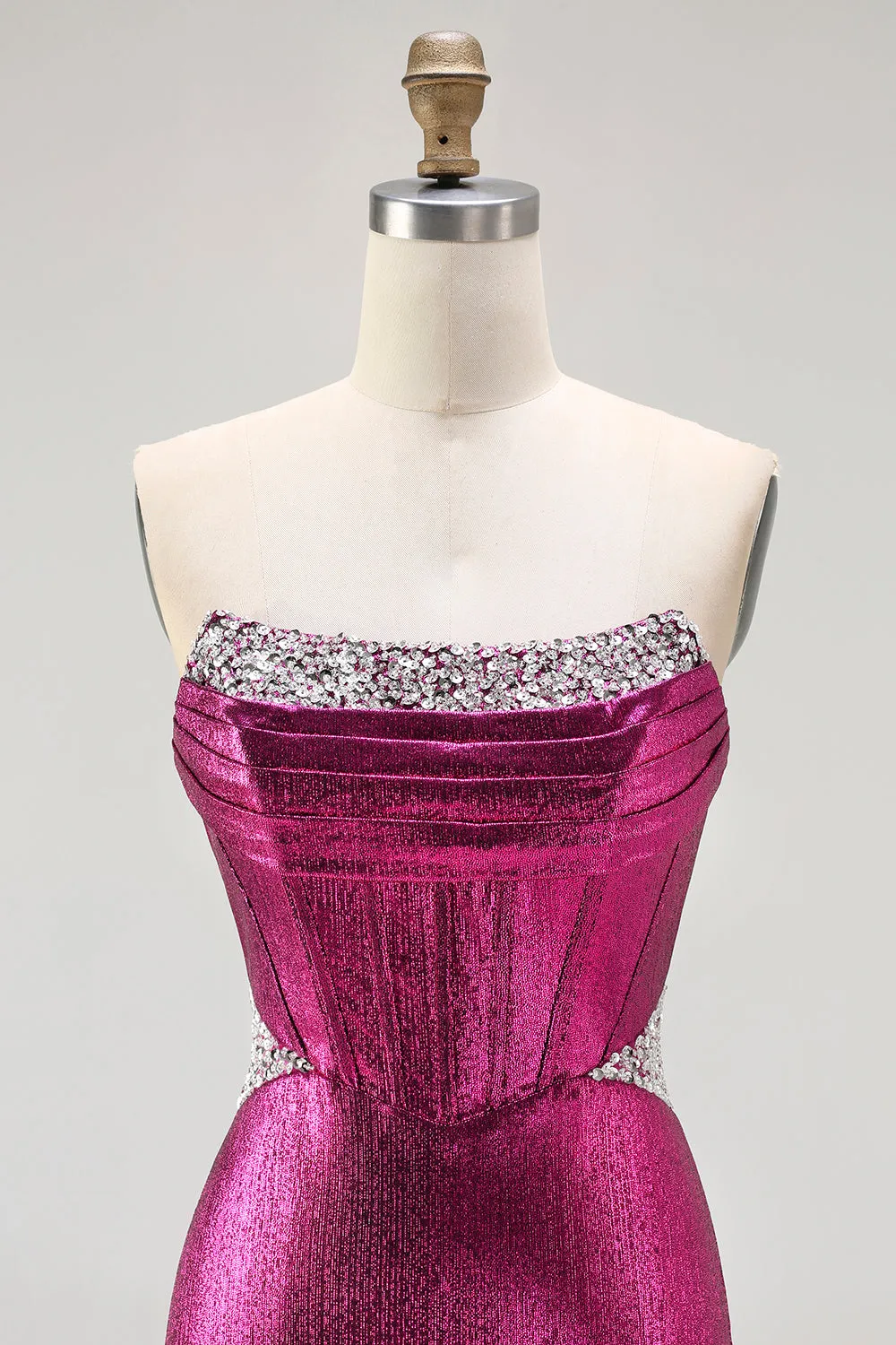 Metallic Fuchsia Mermaid Beaded Corset Strapless Long Prom Dress sold by Zapaka product image thumbnail 4