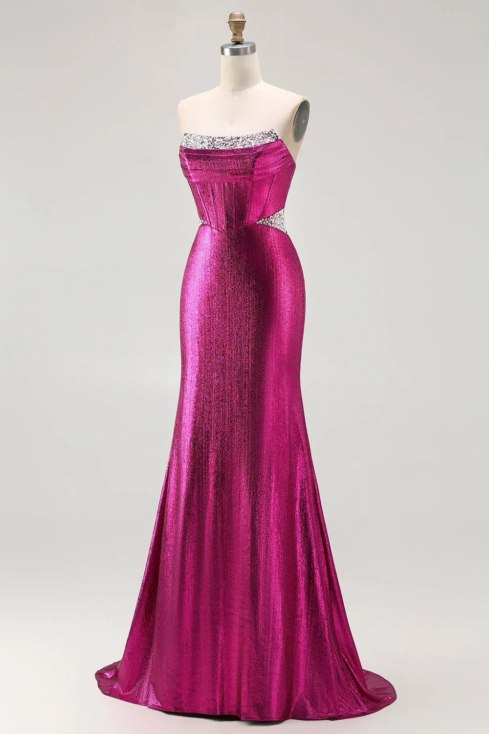 Metallic Fuchsia Mermaid Beaded Corset Strapless Long Prom Dress sold by Zapaka product image thumbnail 3