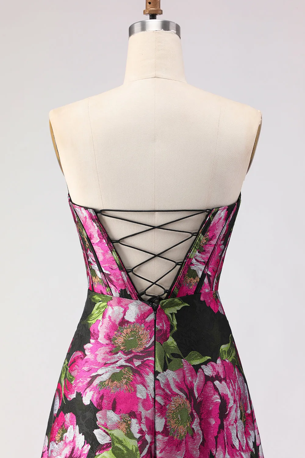 Black Floral A Line Strapless Corset Jacquard Long Prom Dress with Slit sold by Zapaka product image thumbnail 5
