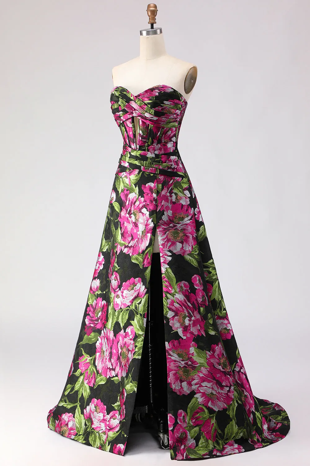 Black Floral A Line Strapless Corset Jacquard Long Prom Dress with Slit sold by Zapaka product image thumbnail 3