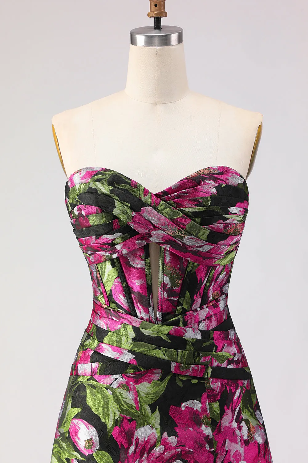 Black Floral A Line Strapless Corset Jacquard Long Prom Dress with Slit sold by Zapaka product image thumbnail 4
