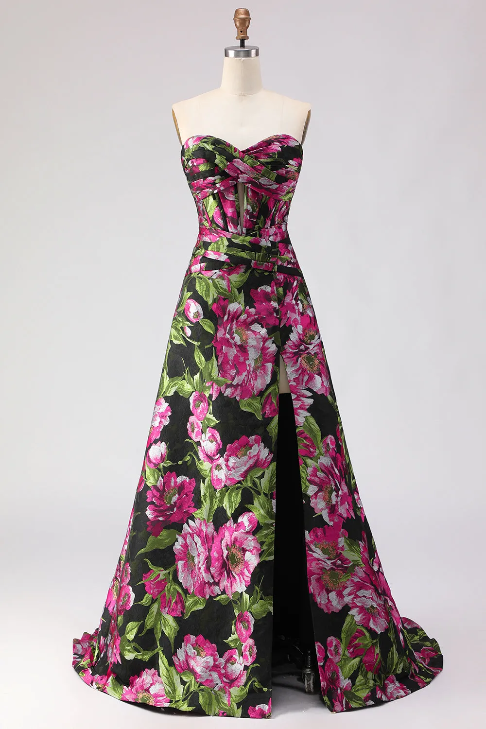 Black Floral A Line Strapless Corset Jacquard Long Prom Dress with Slit sold by Zapaka