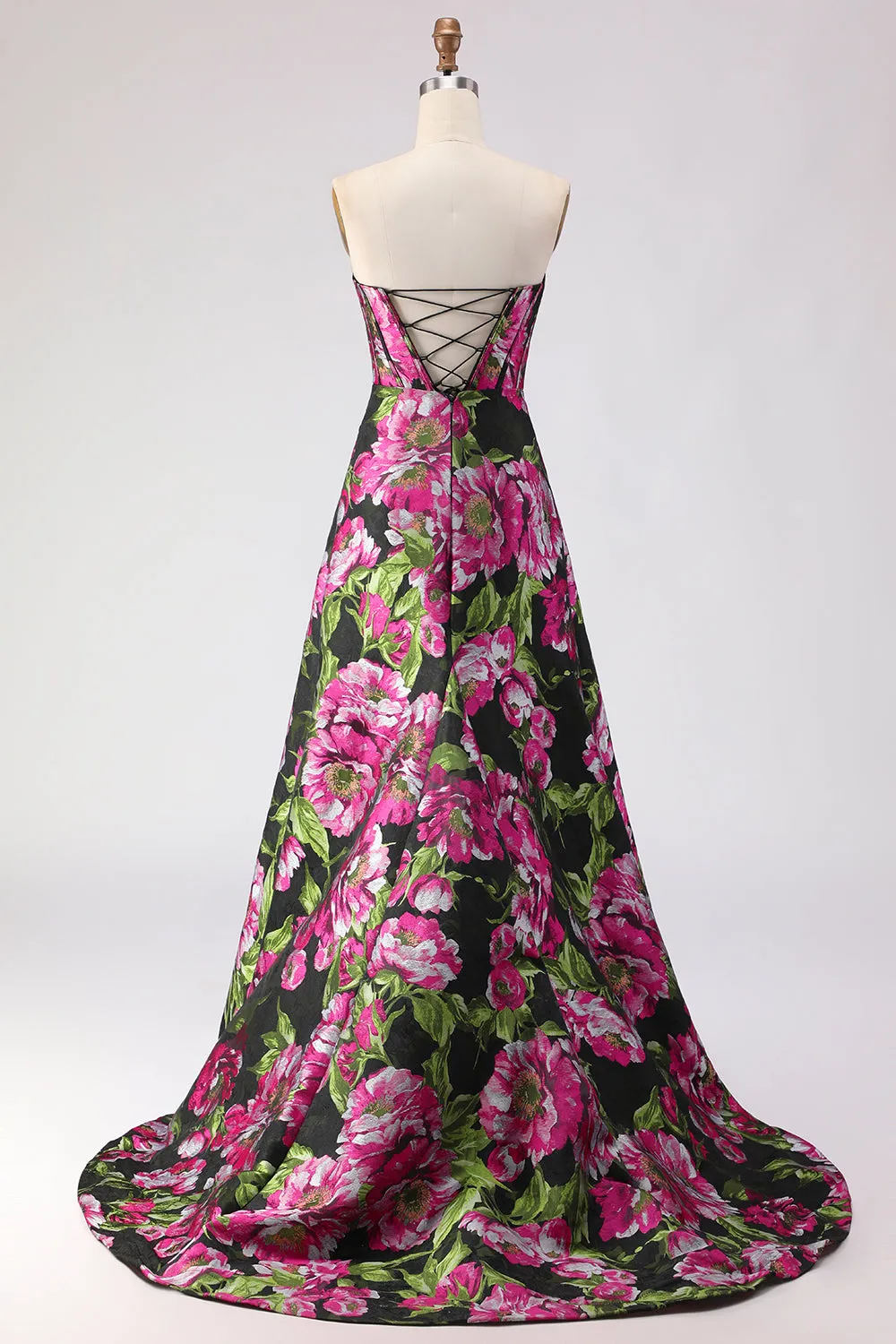Black Floral A Line Strapless Corset Jacquard Long Prom Dress with Slit sold by Zapaka product image thumbnail 2