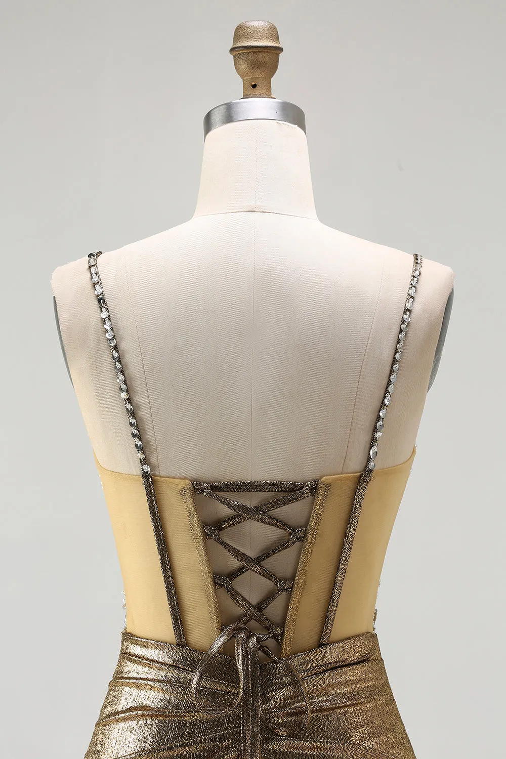 Sparkly Golden Mermaid Beaded Corset Lace Up Back Long Prom Dress with Slit sold by Zapaka product image thumbnail 5