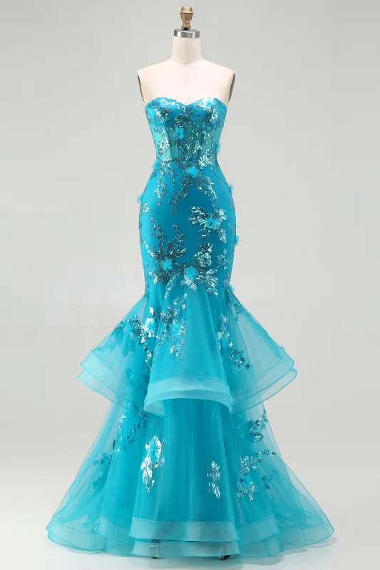 Blue Mermaid Strapless Sequins Corset Ruffled Long Prom Dress with Lace Up Back sold by Zapaka