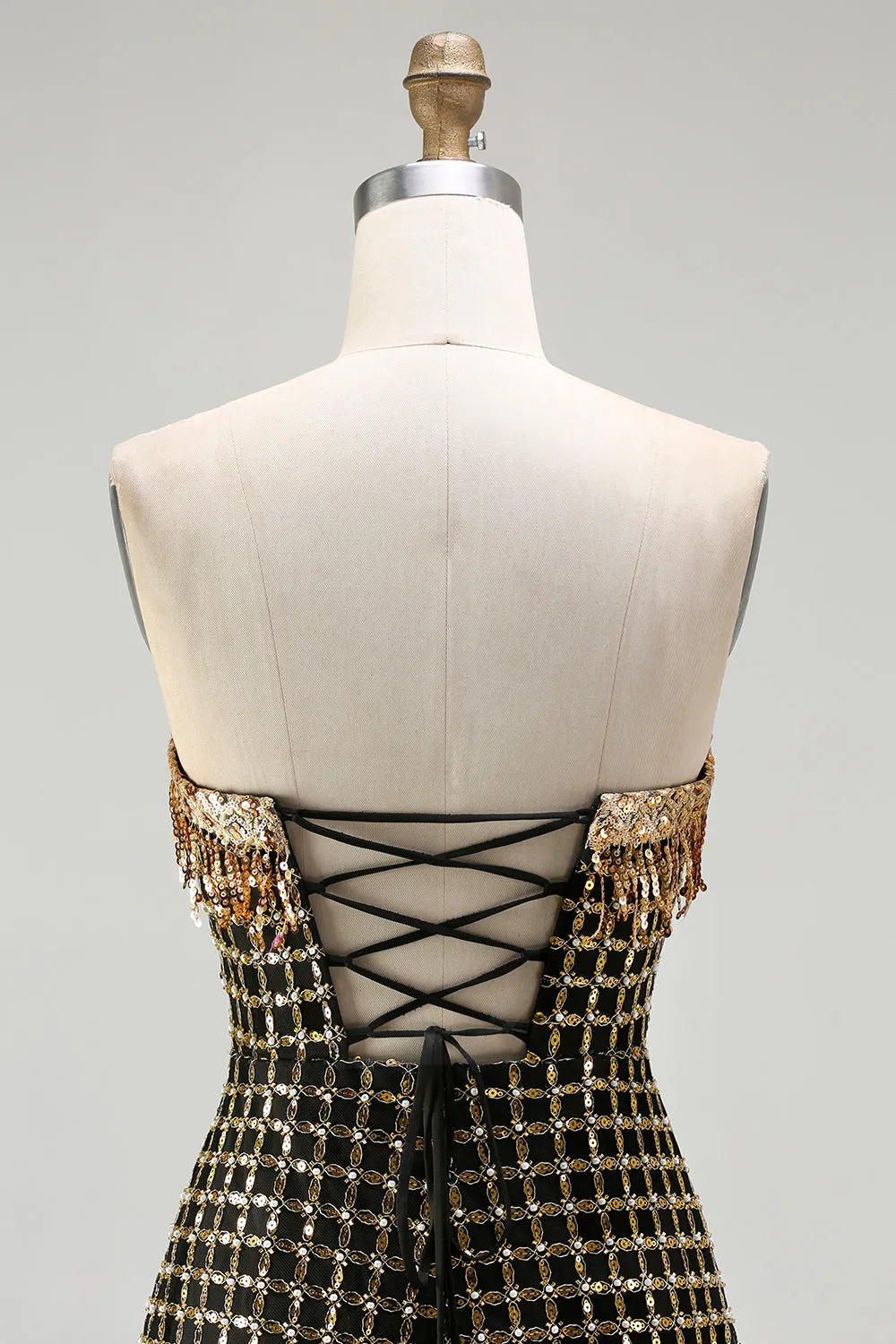 Sparkly Black Golden Strapless Sheath Sequins Beaded Long Prom Dress with Slit sold by Zapaka product image thumbnail 5